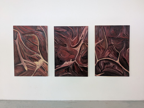 Maxence Haution, <i>Triptyque de chair</i>, 2025-2026, huile sur papier, 3 x 150 x 100 cm. - Maxence Haution