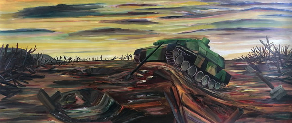 Maxence Haution, <i>Le Char</i>, 2024, acrylique sur papier, 300 x 100 cm. - Maxence Haution