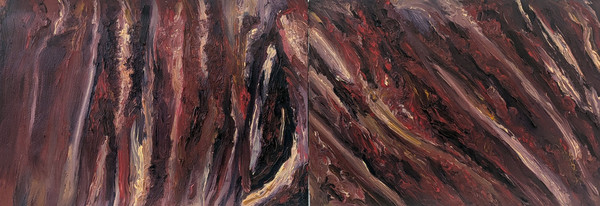 Maxence Haution, <i>Diptyque d'une charogne 1</i>, 2025, huile sur papier, 20 x 60 cm. - Maxence Haution