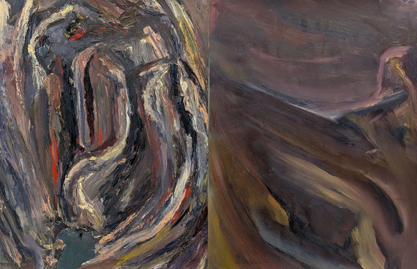 Maxence Haution, <i>Diptyque d'une charogne 2</i>, 2025, huile sur papier, 65 x 100 cm. - Maxence Haution