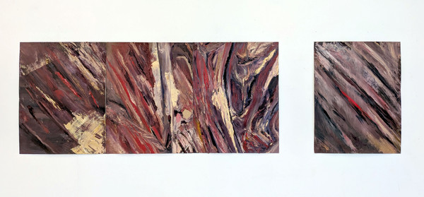 Maxence Haution, <i>Polyptyque d'une charogne 1</i>, 2025, huile sur papier, 65 x 220 cm. - Maxence Haution